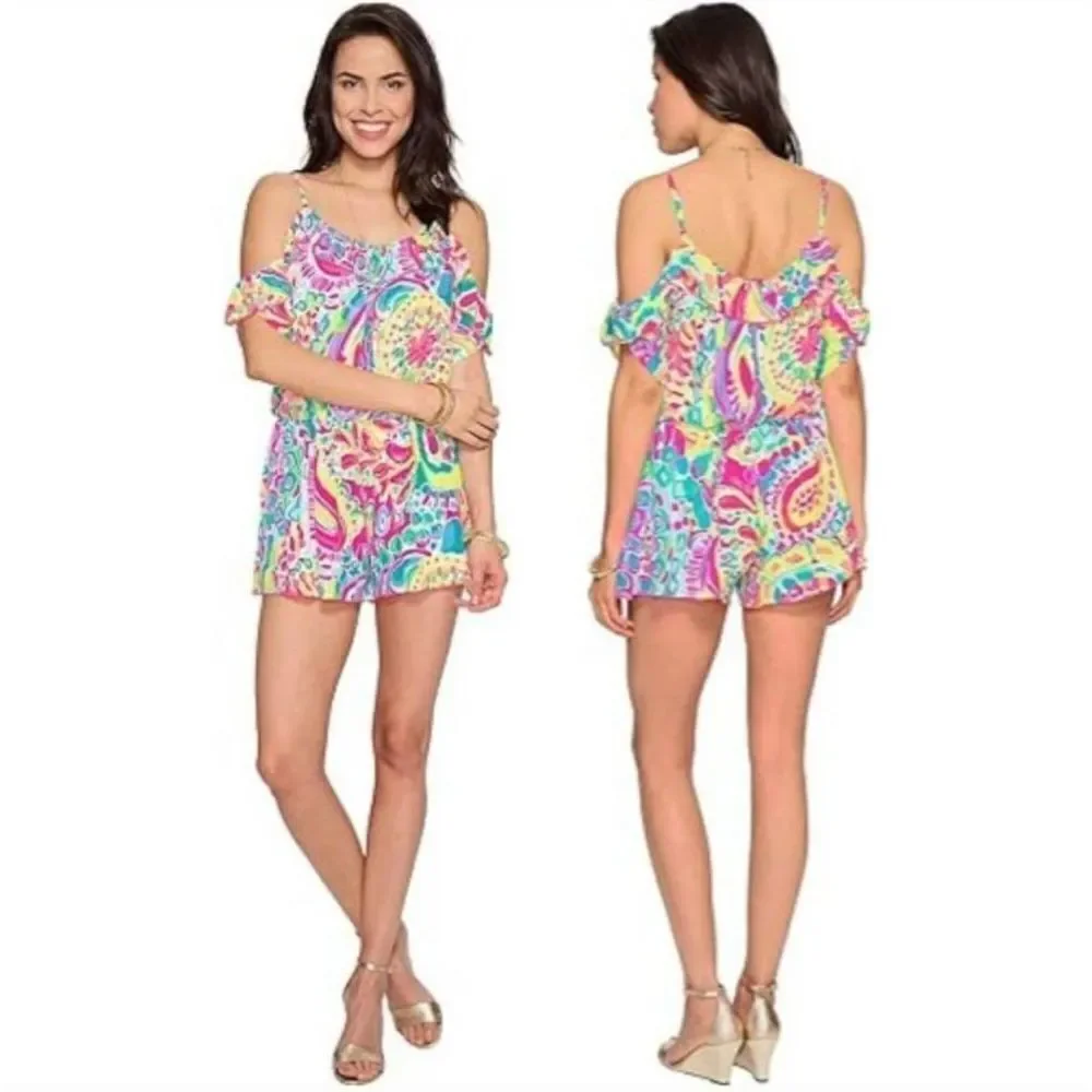 Lilly Pulitzer Fenella Ruffle Romper Sz XS Multi Come‎ Out Of Your Shell Summer